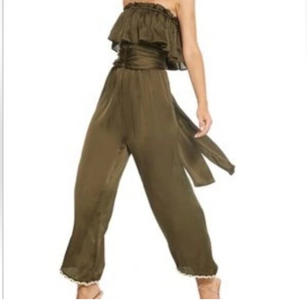 Misa Women's Size‎ L Olive Green Satin Strapless Jumpsuit
